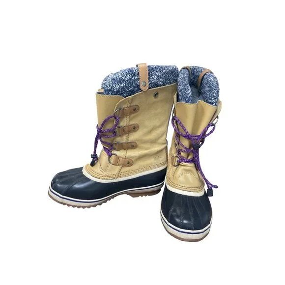 Sorel Joan of Arc Womans Tan Black Knit mid calf boots Sz 7 SKU 9565 - Picture 2 of 16